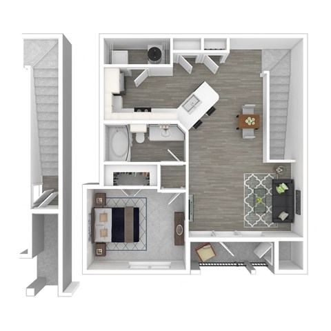 a stylized floor plan with a bedroom and a living room